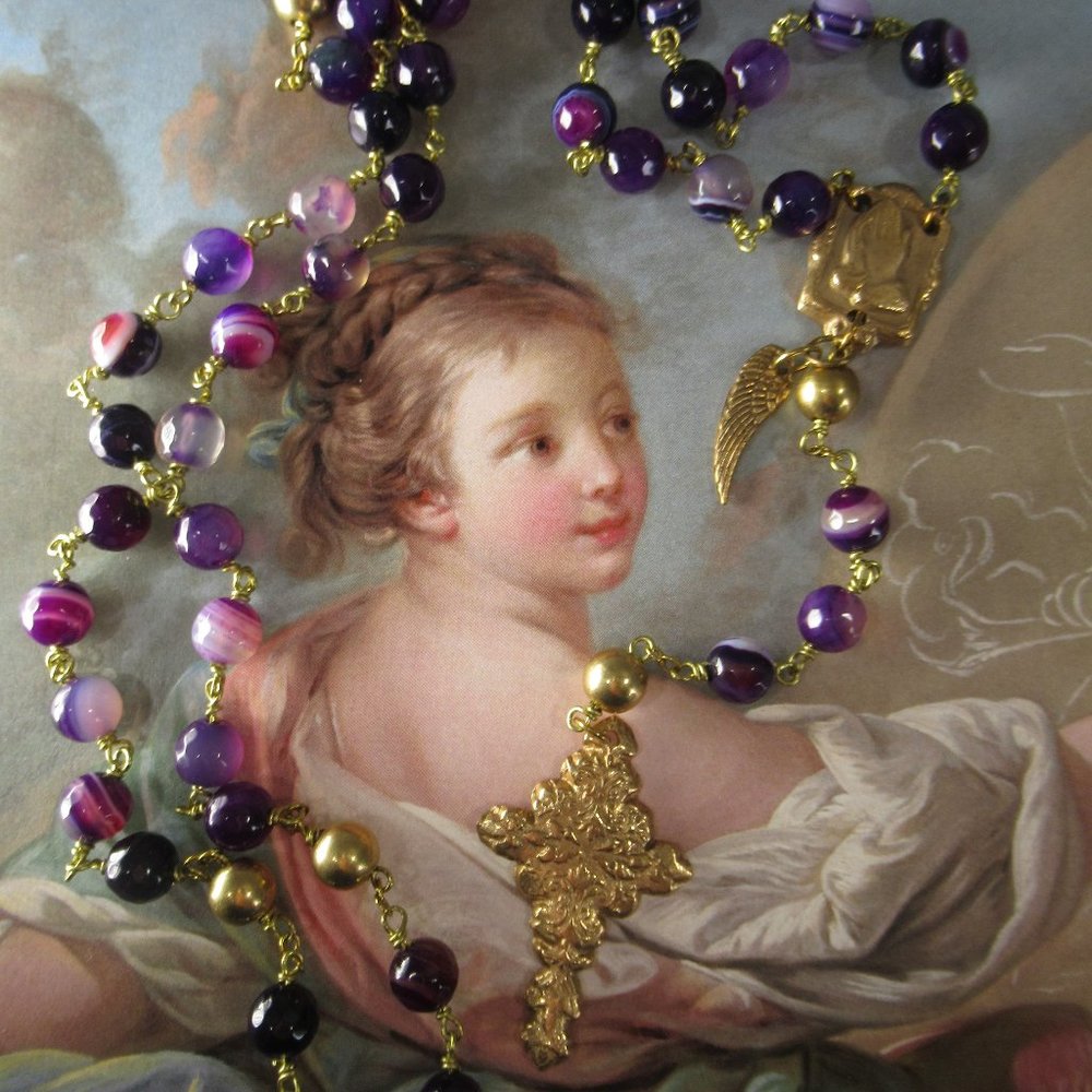 Prayer of Peace Rosary, Purple Banded Agate and Bronze